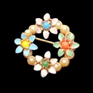 Vtg Enamel Floral Wreath Brooch Round Pin Multicolor Flowers & faux Seed pearls